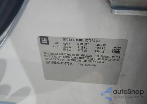 2015 Chevrolet Impala Ltz from USA, damaged, VIN 1G1165S33FU117914